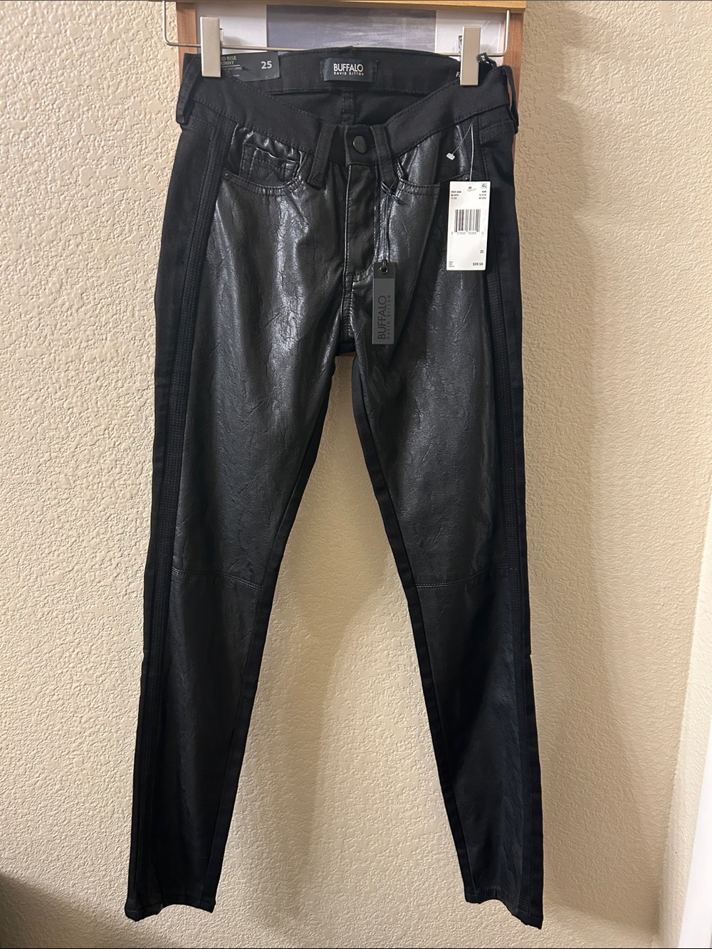 Buffalo David Bitton Black Faux Leather Skinny Jeans with Side Panels Size 25